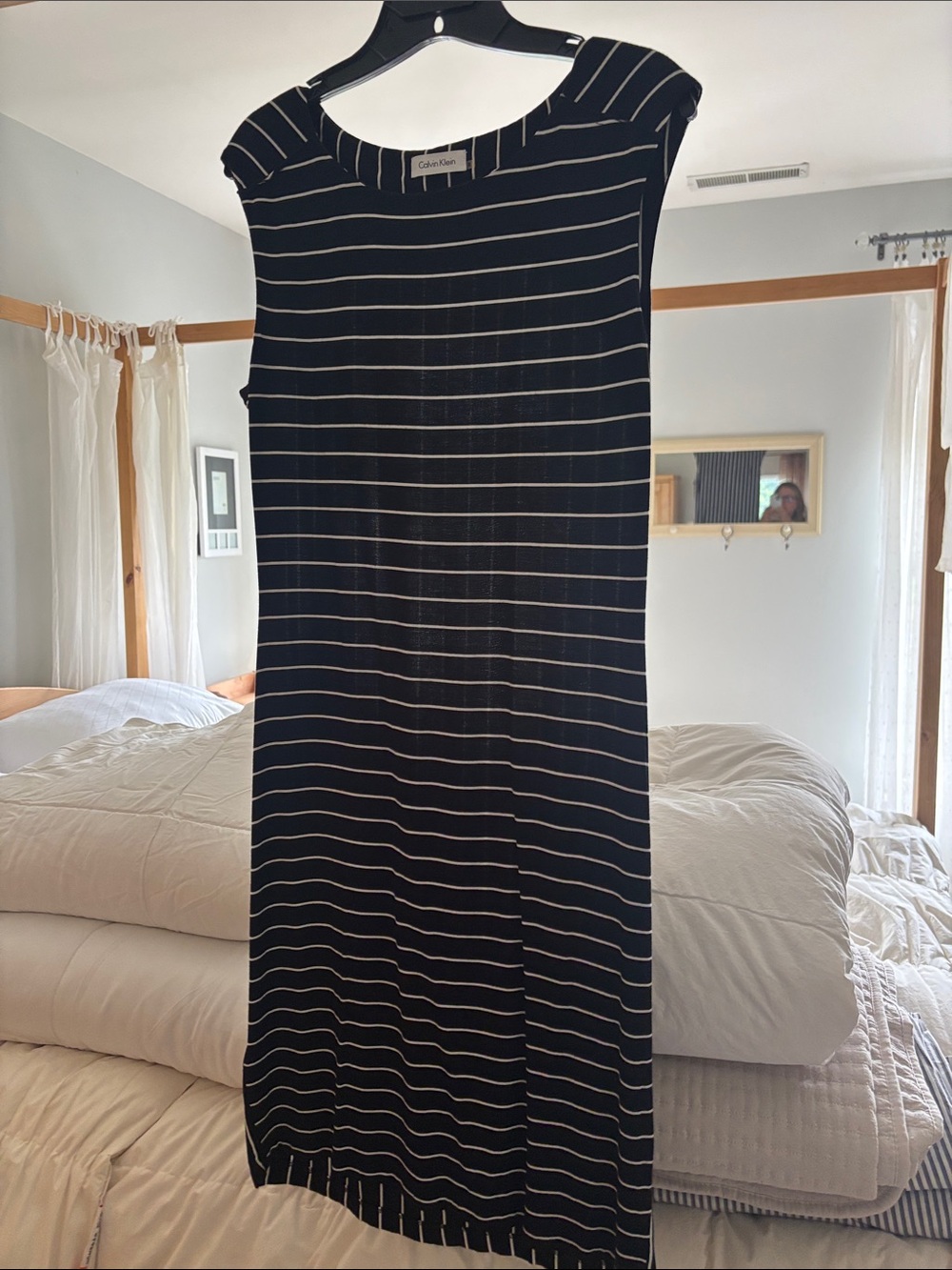 Calvin Klein Black and White Striped Sleeveless Midi Dress